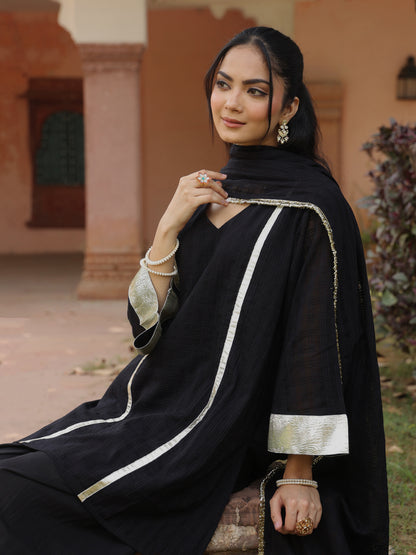 Women's Black Woven Cotton Farshi Set with Dupatta