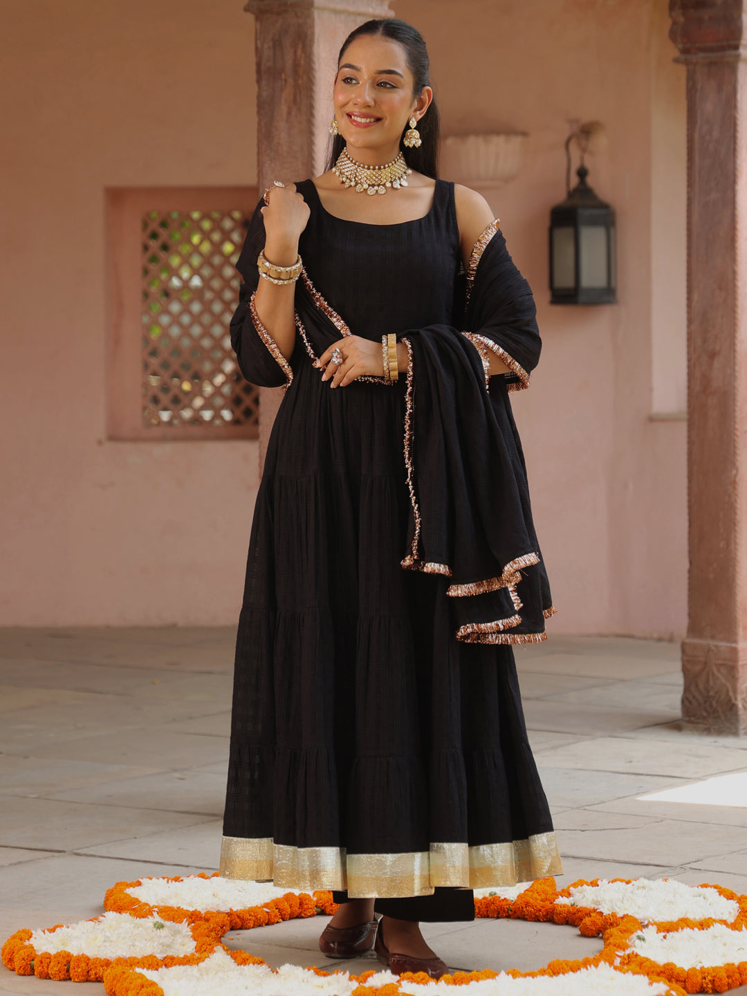 Women's Black Woven Cotton Anarkali Set With Dupatta