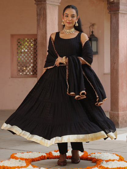 Women's Black Woven Cotton Anarkali Set With Dupatta