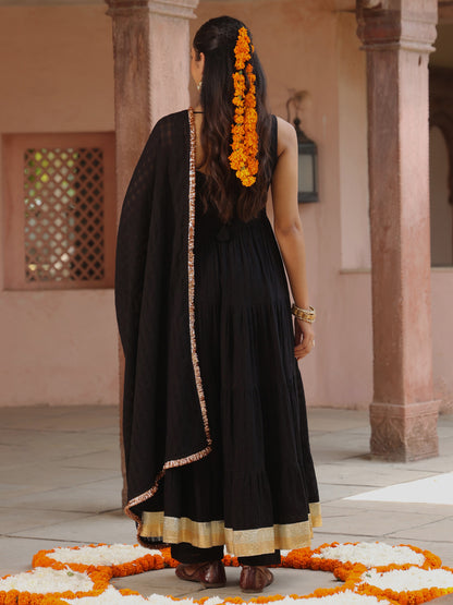 Women's Black Woven Cotton Anarkali Set With Dupatta