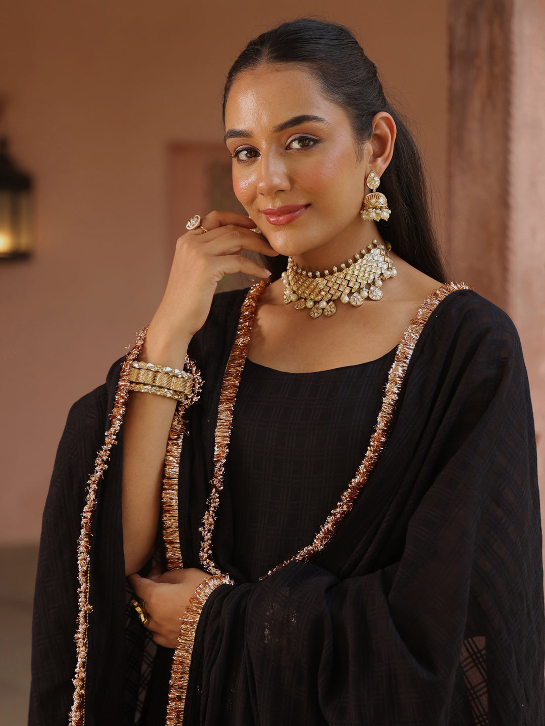 Women's Black Woven Cotton Anarkali Set With Dupatta