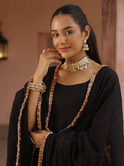 Women's Black Woven Cotton Anarkali Set With Dupatta