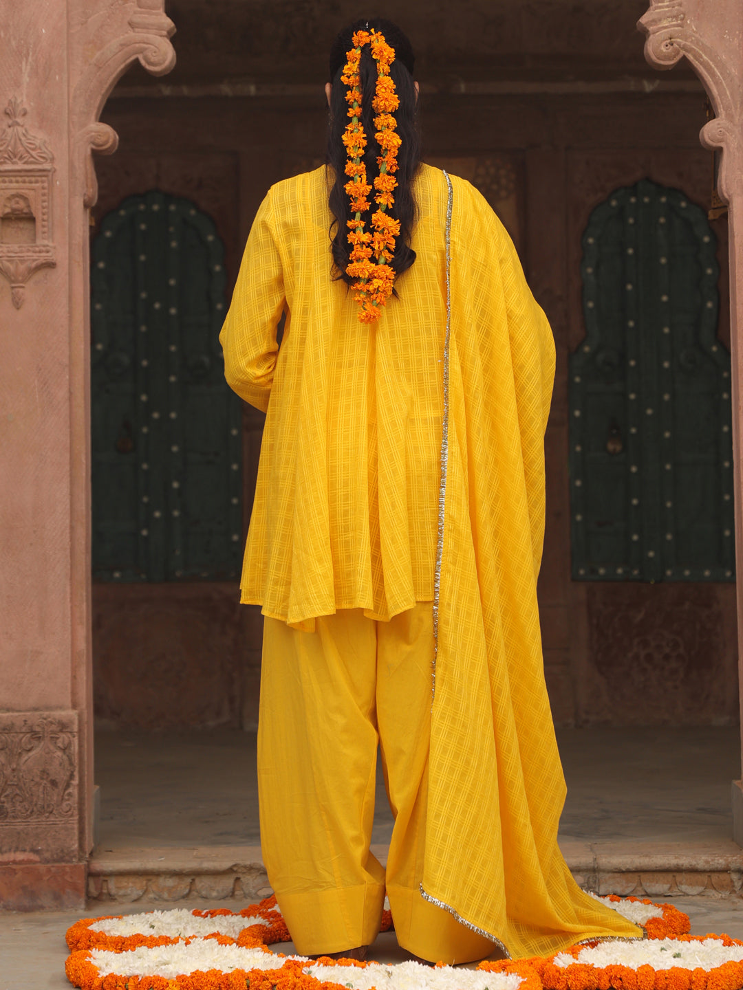 Women's Yellow Woven Cotton Farshi Set With Dupatta