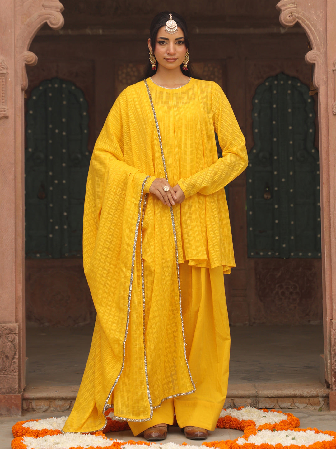 Women's Yellow Woven Cotton Farshi Set With Dupatta