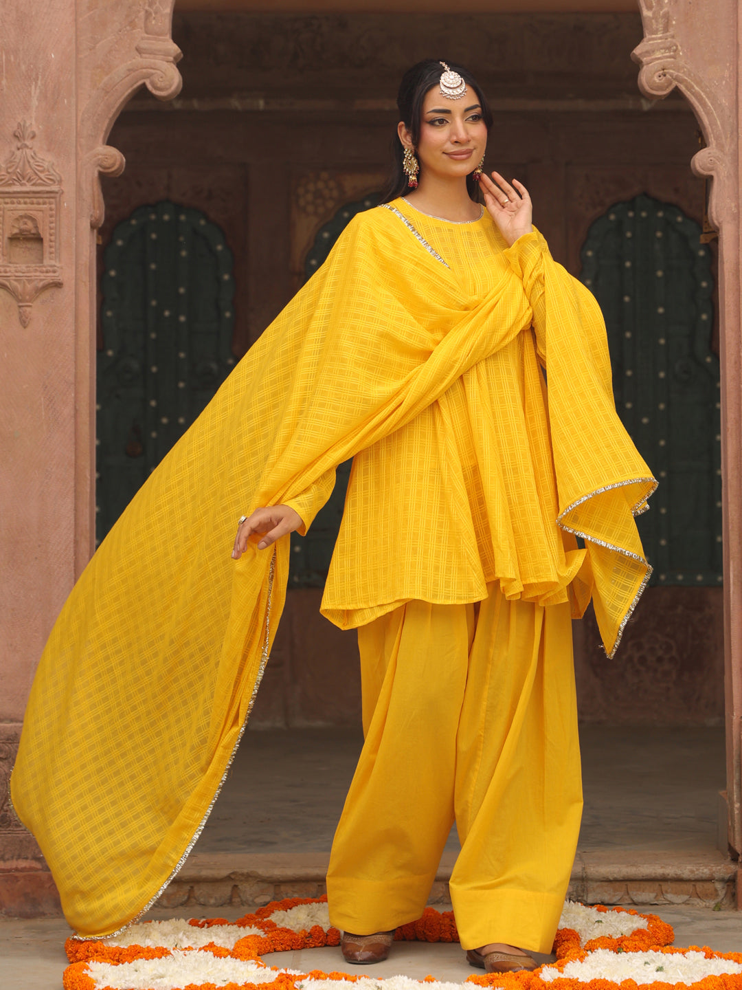 Women's Yellow Woven Cotton Farshi Set With Dupatta