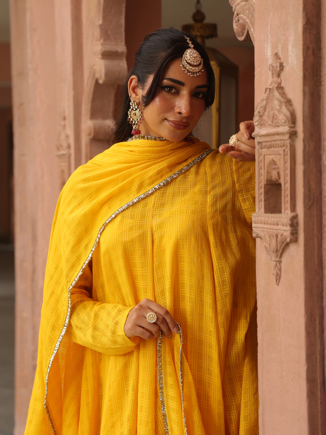 Women's Yellow Woven Cotton Farshi Set With Dupatta