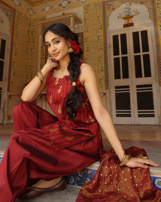 Women's Maroon Striped Farshi Set with Dupatta