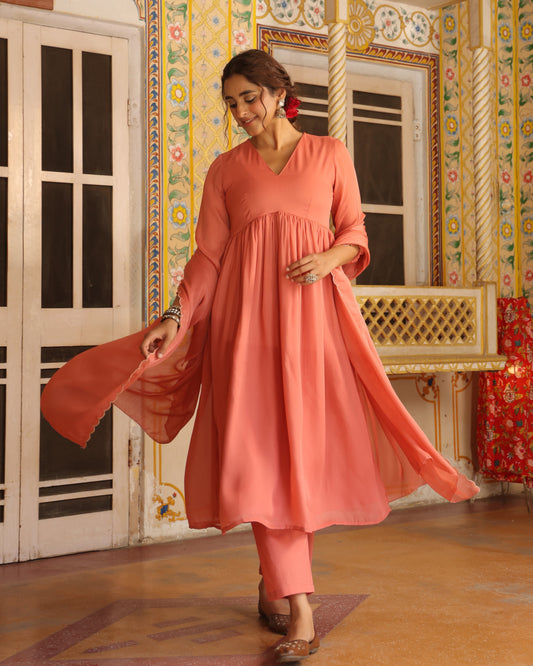 Women's Peach Chiffon Kurta Set with Dupatta