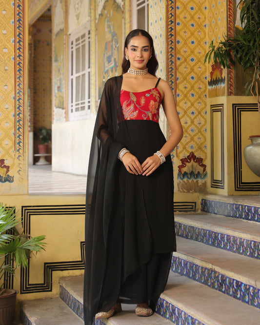 Women's Pink and Black Embriodered Kurta Set with Dupatta