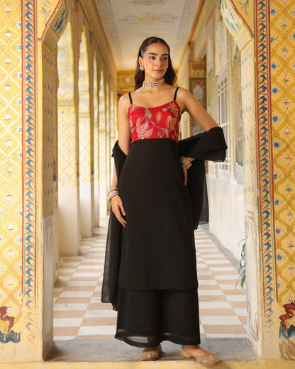 Women's Pink and Black Embriodered Kurta Set with Dupatta
