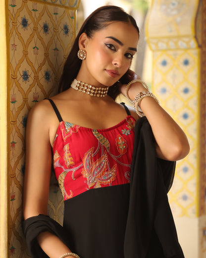 Women's Pink and Black Embriodered Kurta Set with Dupatta