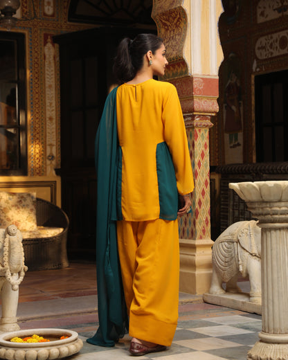 Women's Mustard and Teal Patchwork Farshi Set with Dupatta