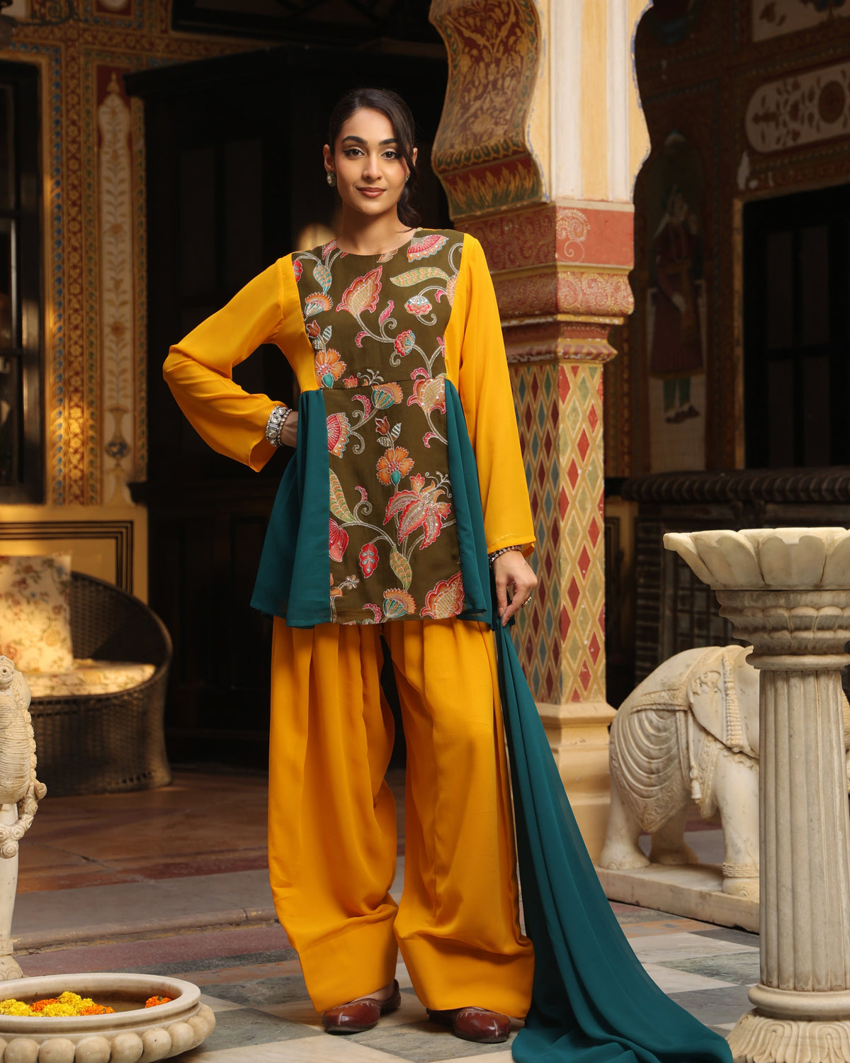 Women's Mustard and Teal Patchwork Farshi Set with Dupatta