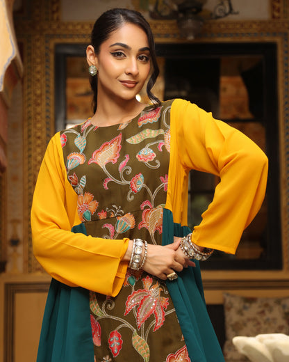 Women's Mustard and Teal Patchwork Farshi Set with Dupatta