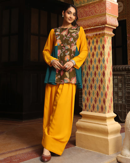 Women's Mustard and Teal Patchwork Farshi Set with Dupatta