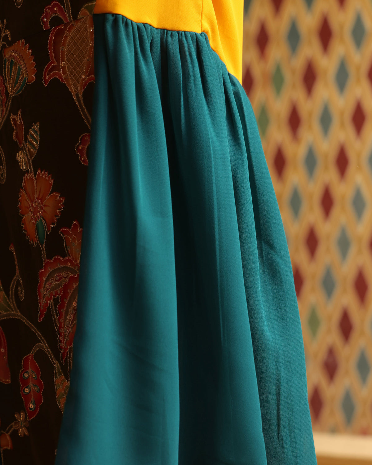Women's Mustard and Teal Patchwork Farshi Set with Dupatta