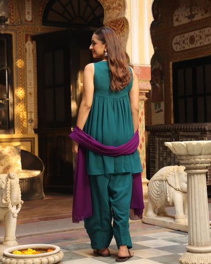Women's Purple and Teal Embroidered Farshi Set with Dupatta