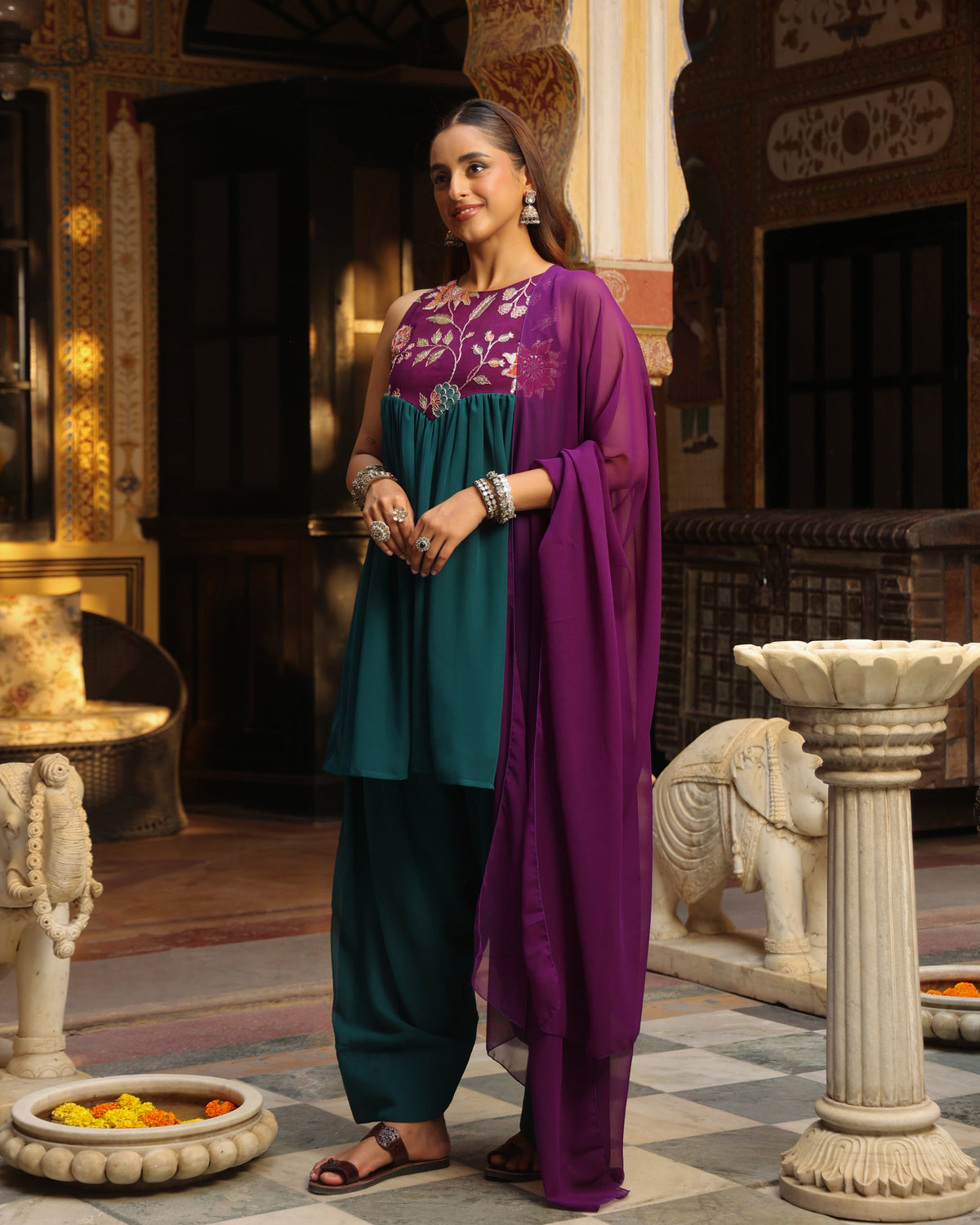 Women's Purple and Teal Embroidered Farshi Set with Dupatta