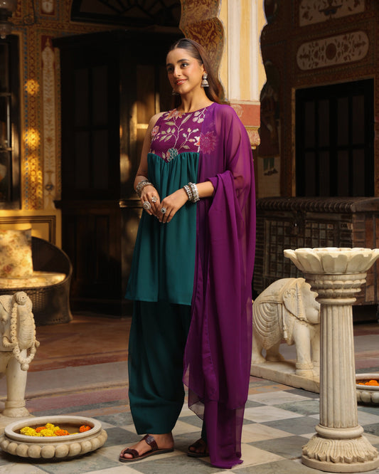 Women's Purple and Teal Embroidered Farshi Set with Dupatta