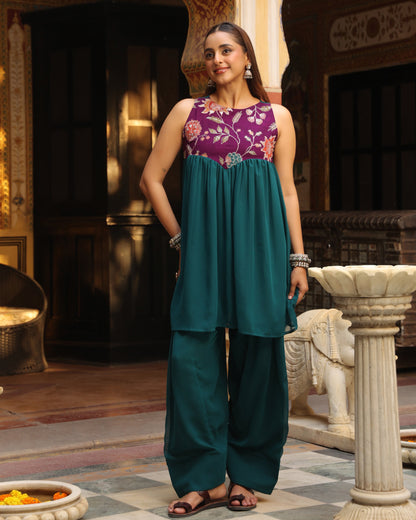 Women's Purple and Teal Embroidered Farshi Set with Dupatta