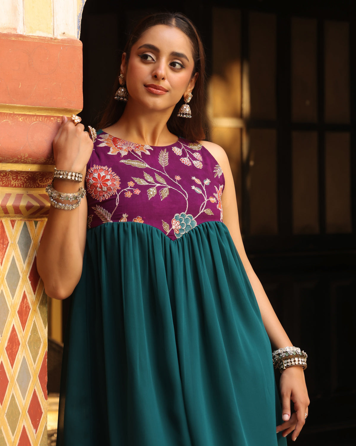 Women's Purple and Teal Embroidered Farshi Set with Dupatta