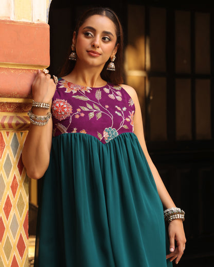 Women's Purple and Teal Embroidered Farshi Set with Dupatta
