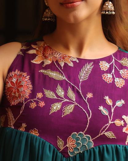 Women's Purple and Teal Embroidered Farshi Set with Dupatta