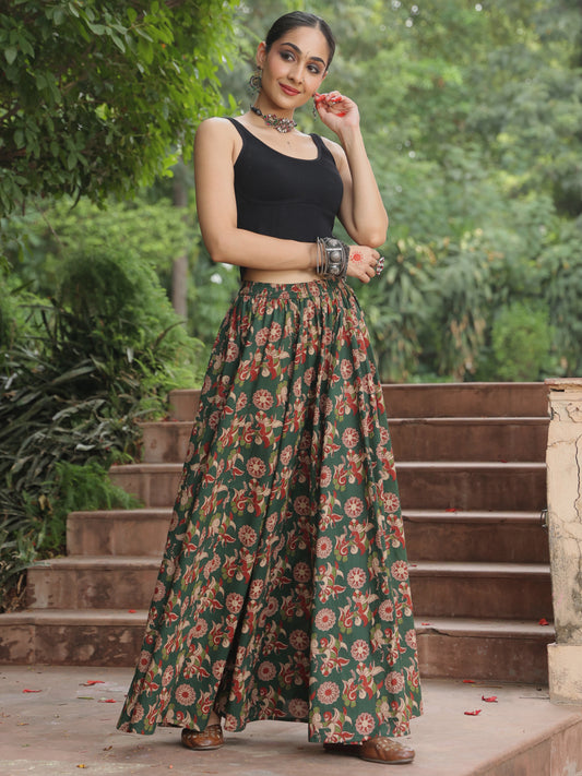 Women's Coloured Printed Long Skirt in Green