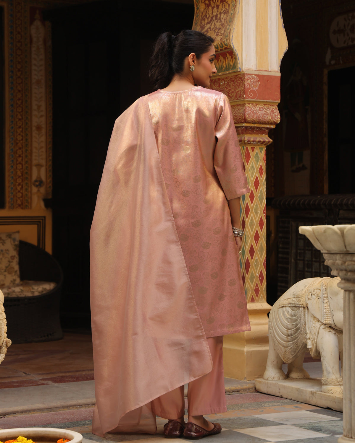 Women's Peach Brocade Long Kurta Set with Dupatta