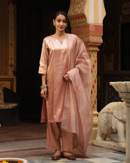 Women's Peach Brocade Long Kurta Set with Dupatta