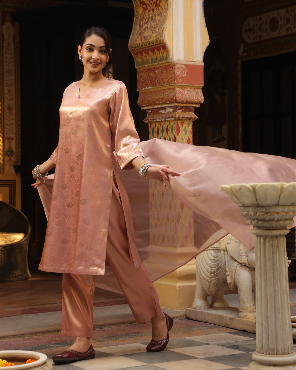 Women's Peach Brocade Long Kurta Set with Dupatta