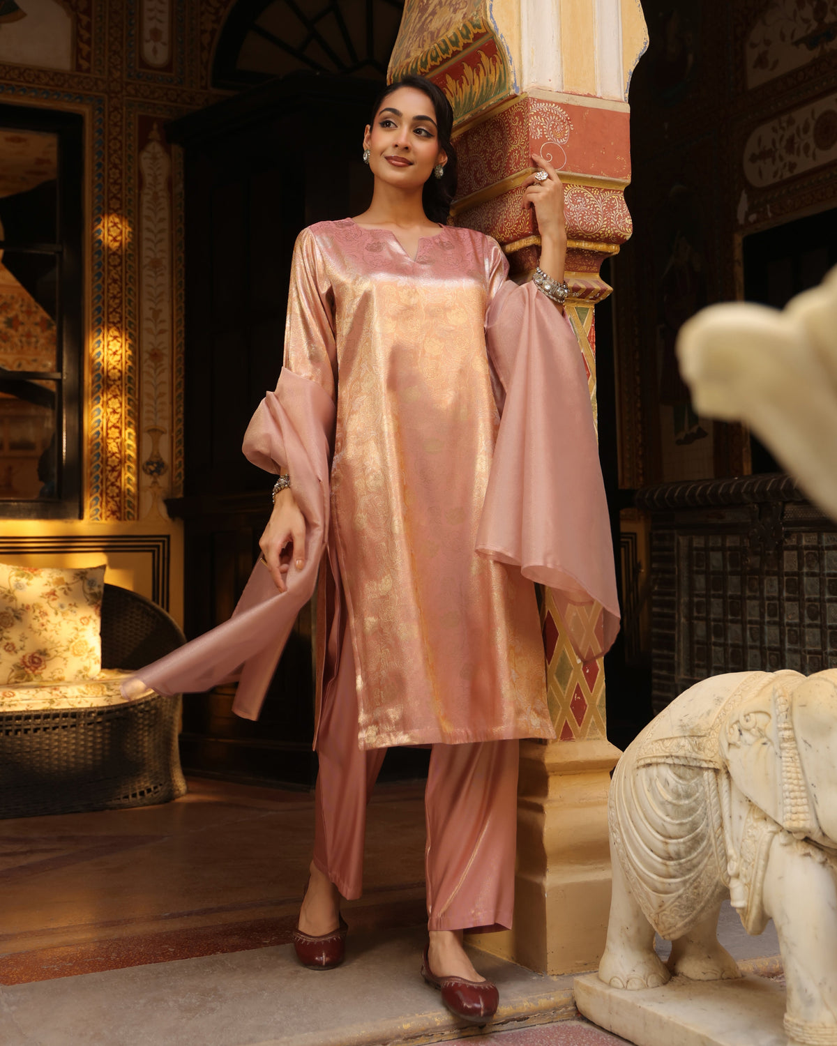 Women's Peach Brocade Long Kurta Set with Dupatta