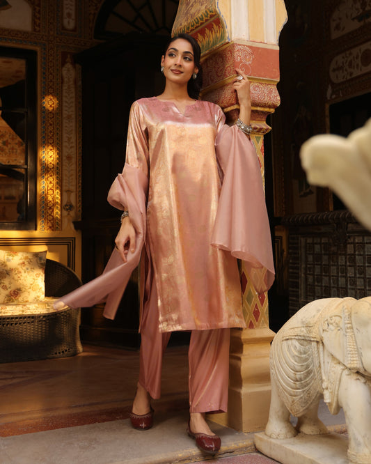 Women's Peach Brocade Long Kurta Set with Dupatta