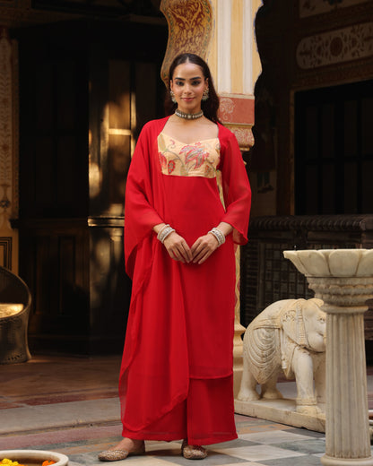 Women's Red Embroidered Kurta Set with Dupatta