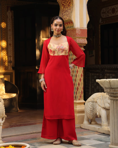 Women's Red Embroidered Kurta Set with Dupatta