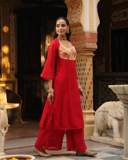 Women's Red Embroidered Kurta Set with Dupatta