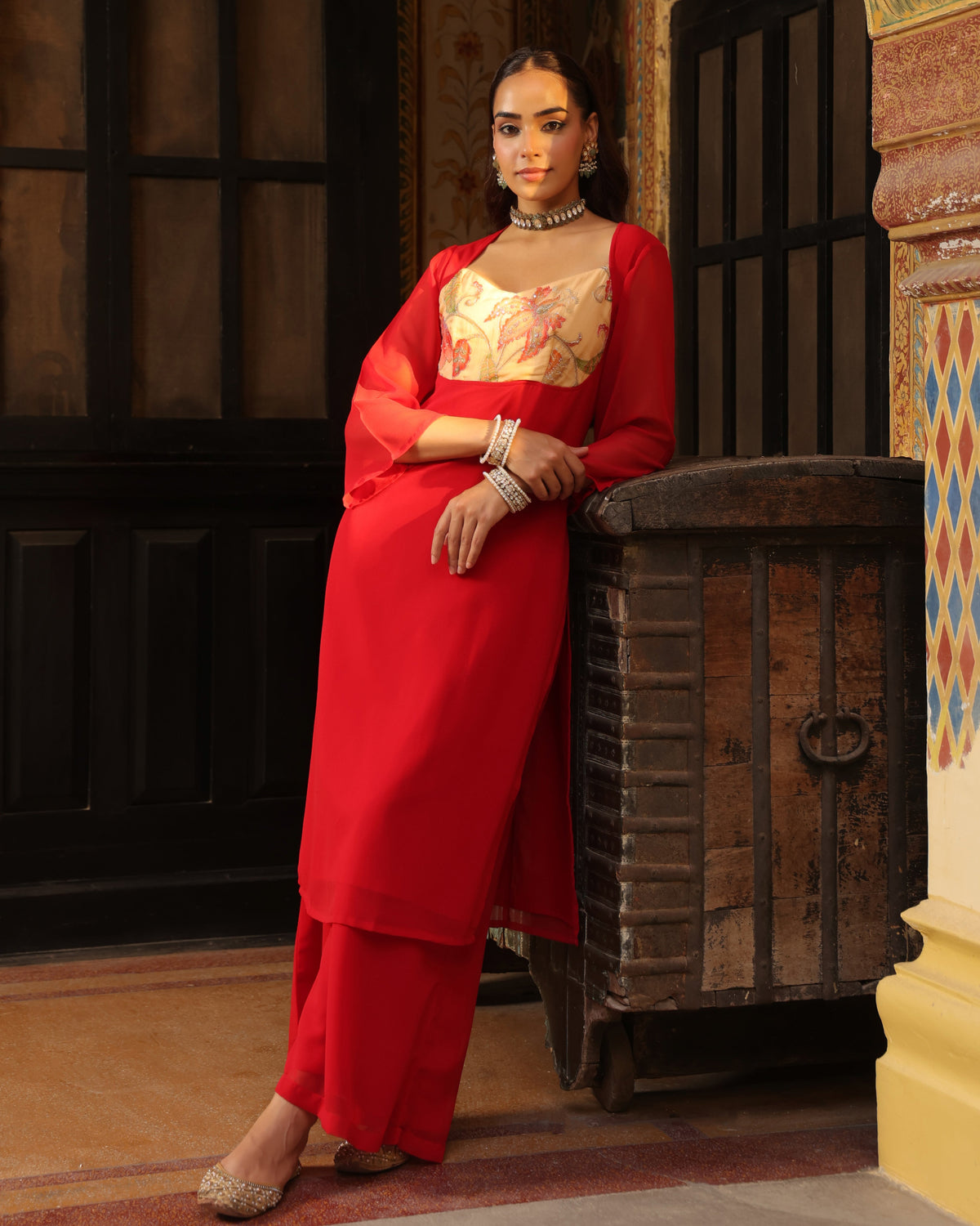 Women's Red Embroidered Kurta Set with Dupatta