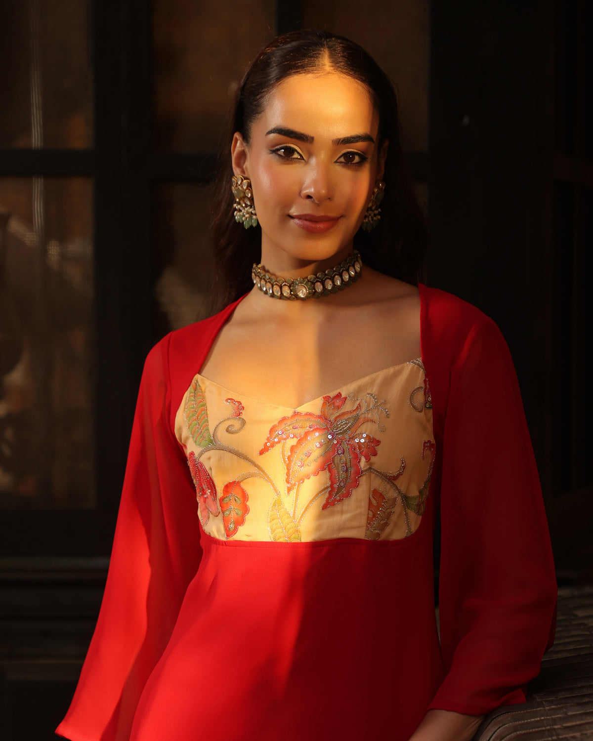 Women's Red Embroidered Kurta Set with Dupatta