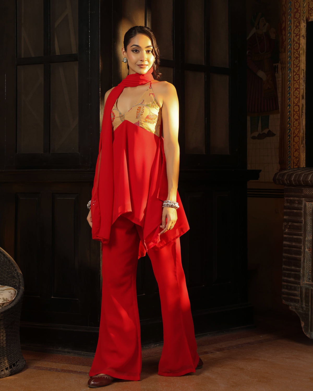 Women's Red Embroidered Halter Neck Kurta Set with Dupatta