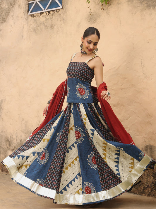 Women's Blue Multi Printed Sleeveless Skirt Set with Dupatta