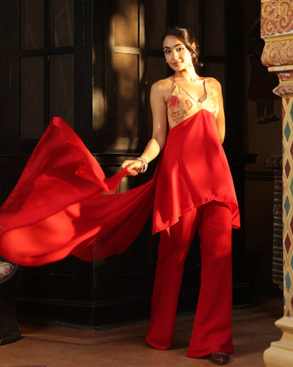 Women's Red Embroidered Halter Neck Kurta Set with Dupatta