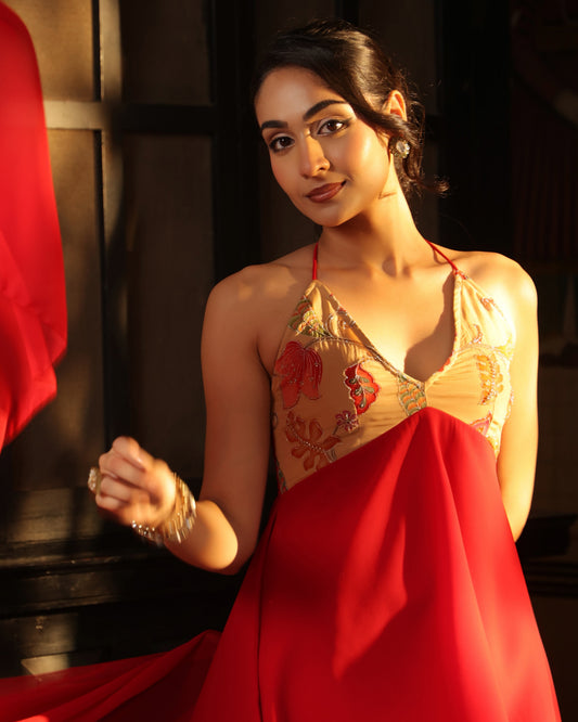 Women's Red Embroidered Halter Neck Kurta Set with Dupatta