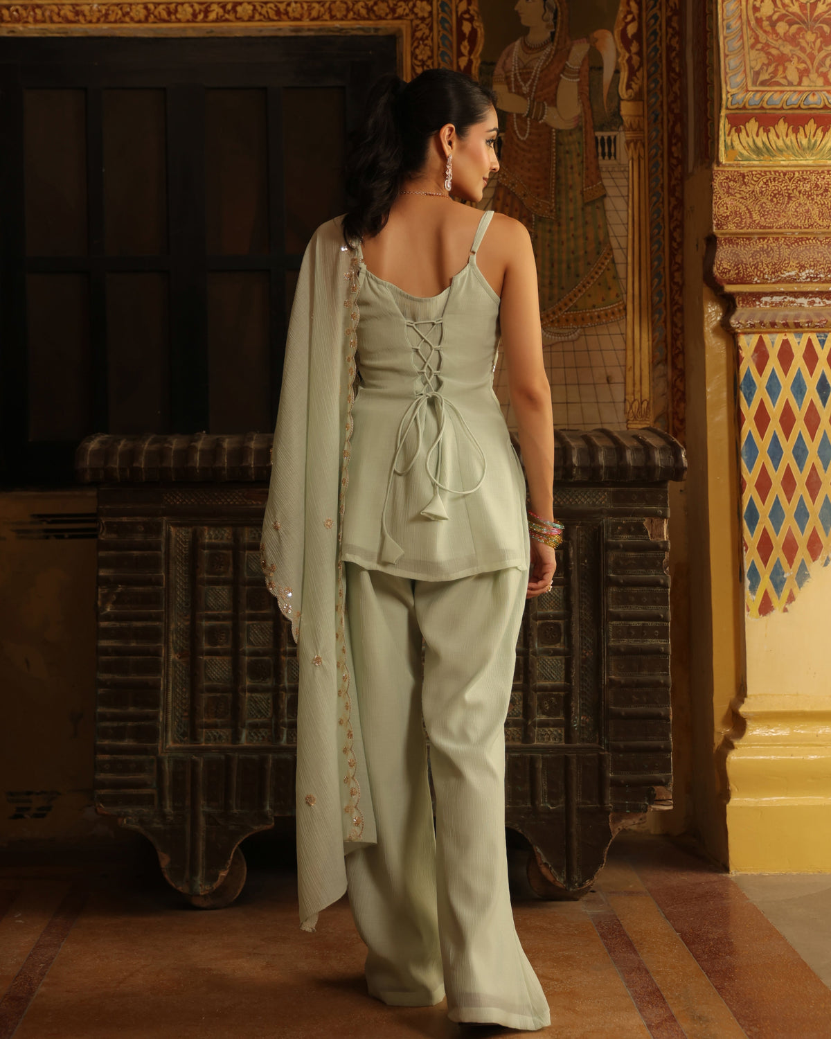 Women's Baby Blue Embroidered Farshi Set with Dupatta