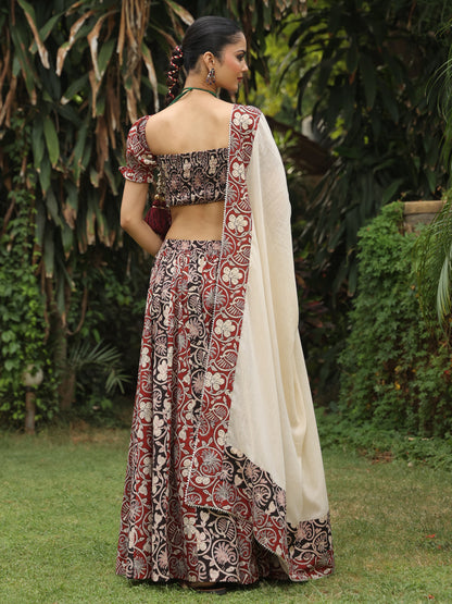 Women's Dual Coloured Cotton Printed Skirt Set with Dupatta