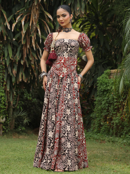Women's Dual Coloured Cotton Printed Skirt Set with Dupatta