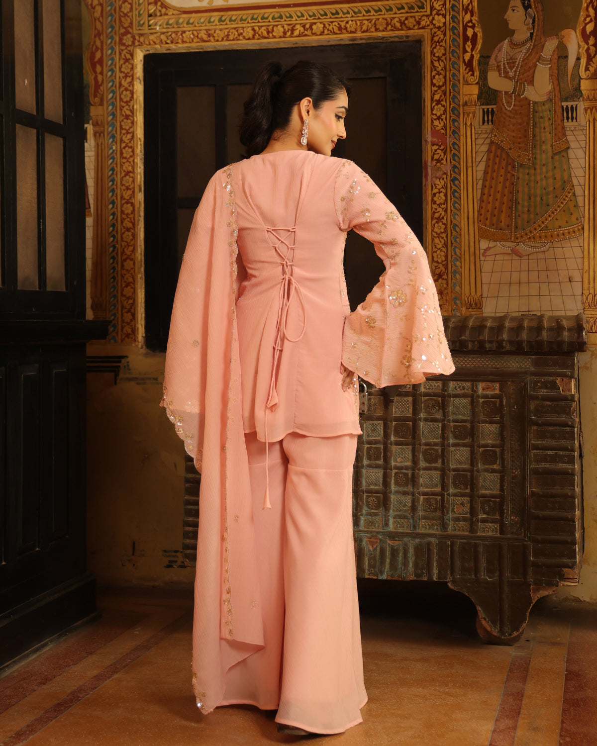 Women's Pink Embroidered Sharara Set with Dupatta
