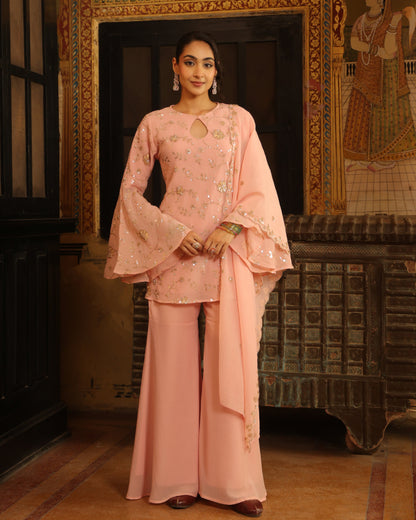 Women's Pink Embroidered Sharara Set with Dupatta