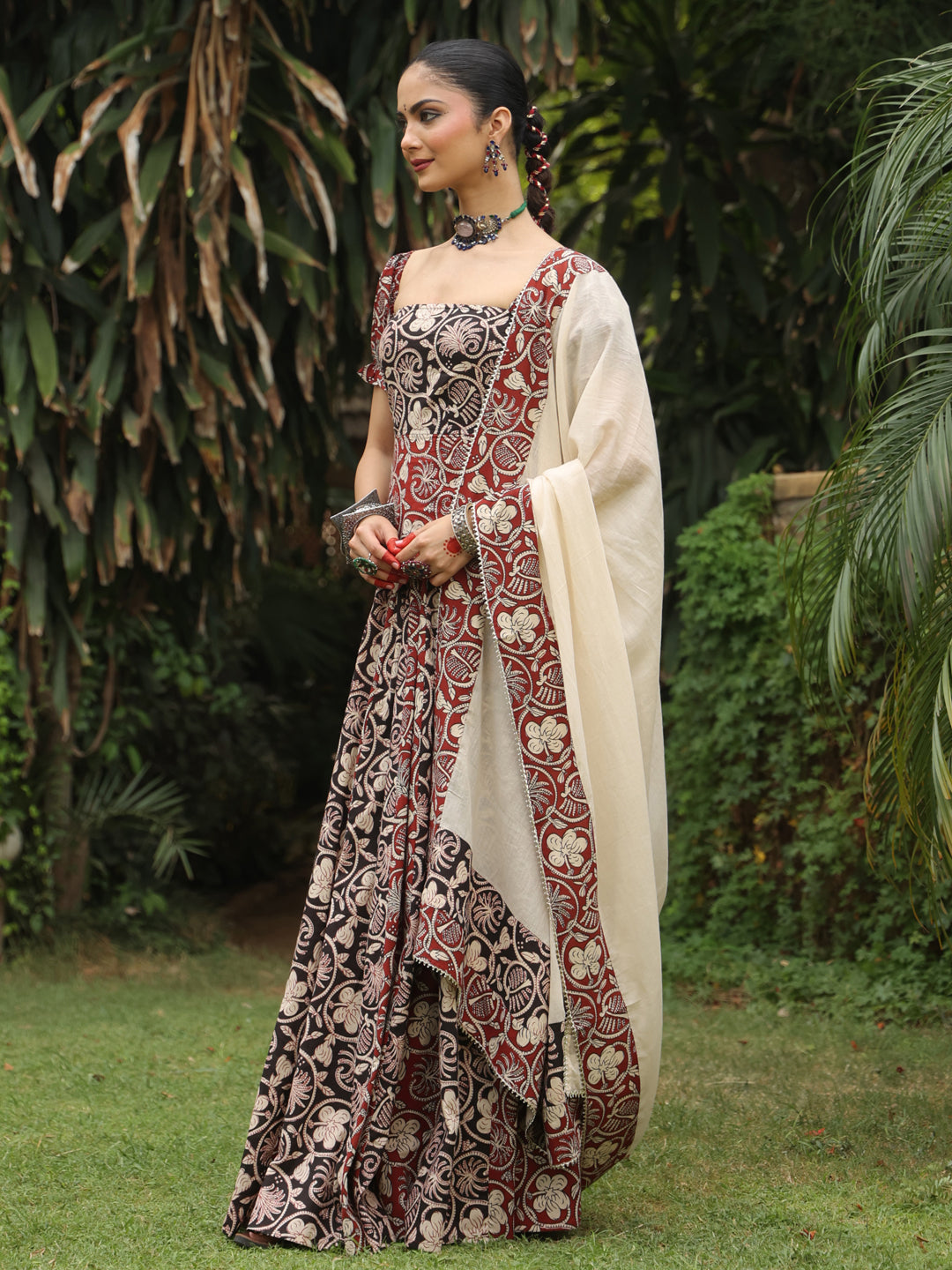 Women's Dual Coloured Cotton Printed Skirt Set with Dupatta