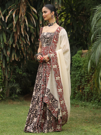 Women's Dual Coloured Cotton Printed Skirt Set with Dupatta
