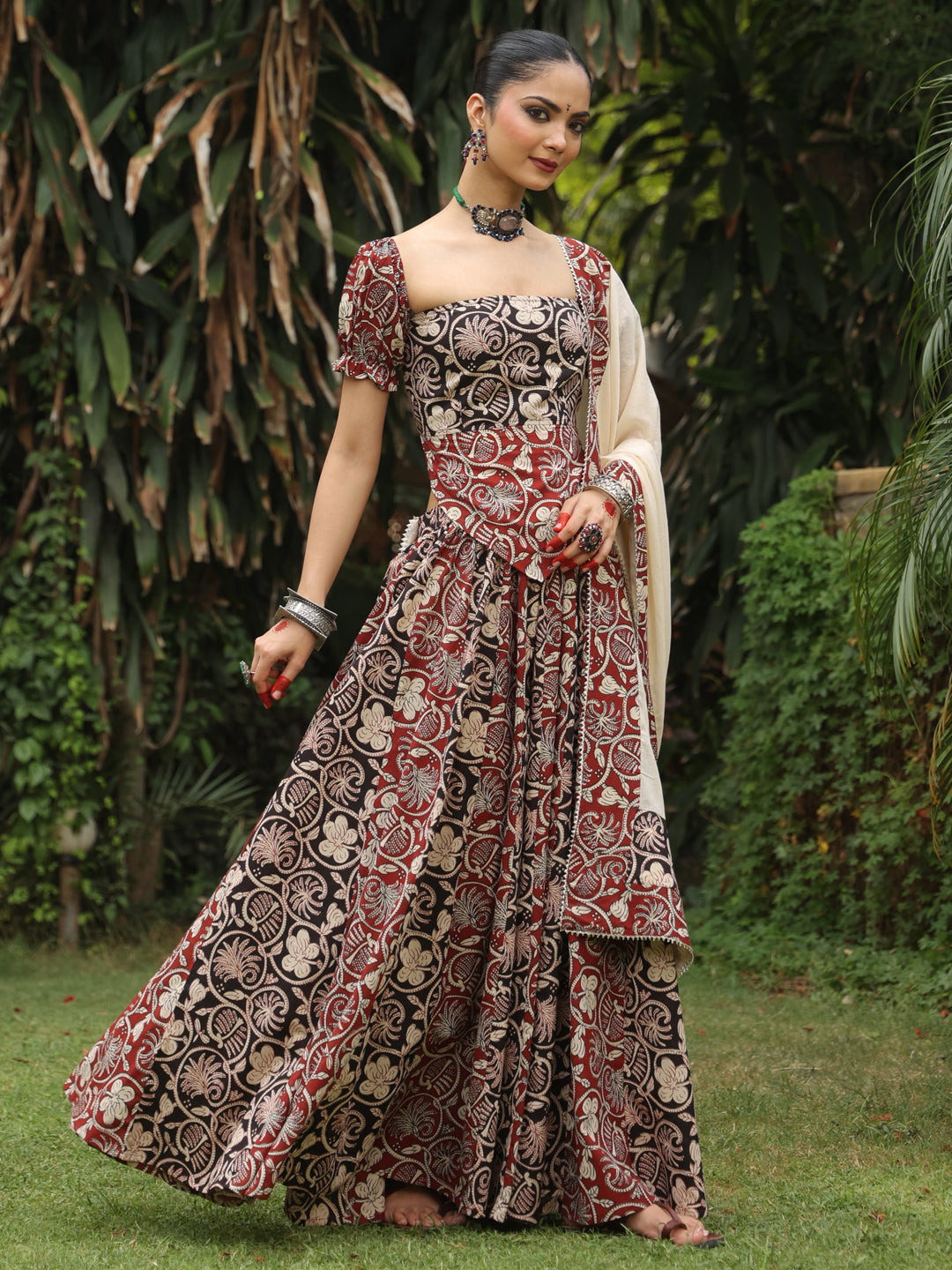 Women's Dual Coloured Cotton Printed Skirt Set with Dupatta